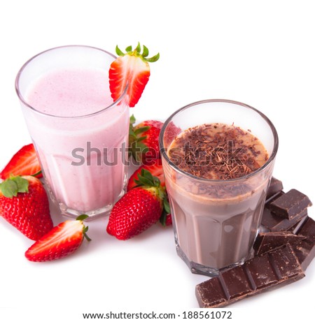Fresh milk, strawberry and chocolate drinks isolated on white background, assorted protein cocktail with fruits.