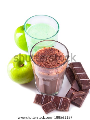 Fresh milk, chocolate, lime and apple drinks isolated on white background, assorted protein cocktail.