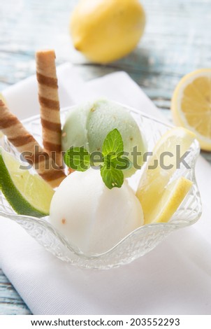 Ice Cream lime, summer sundae with fresh fruits on wooden background.