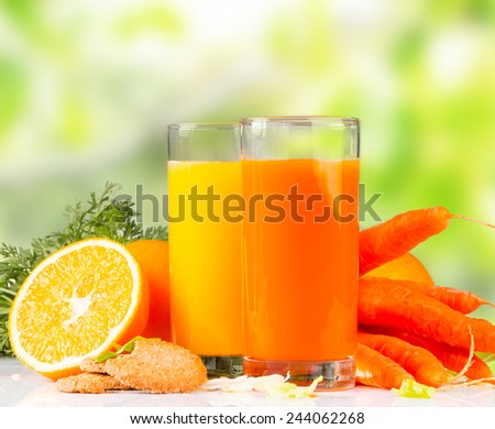 Fresh juice orange and carrot,Healthy drink on white table