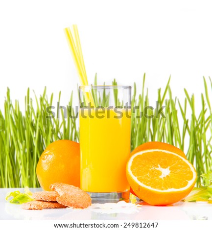 Fresh orange juice, mix fruits, orange drink with  fresh green grass isolated on white background