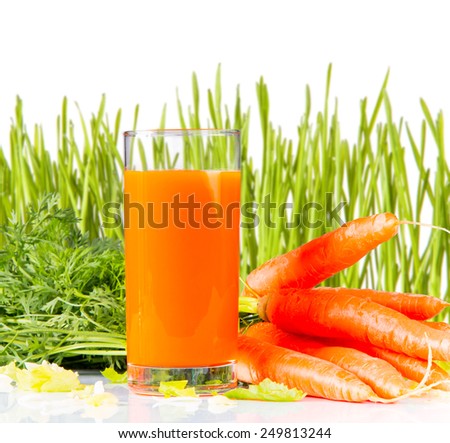 carrot juice and carrot segments with  fresh green grass isolated on white background