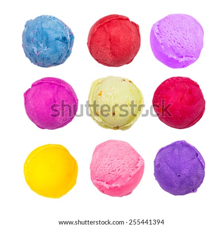 Ice cream scoops collection isolated  on white background. Strawberry, lime, berry, banana, vanilla, cherry, blueberry, blackberry ice cream. Summer concept.