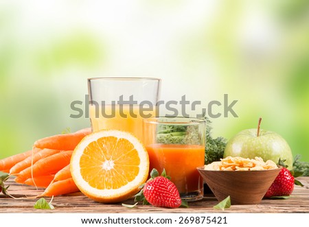 Fresh juice orange and carrot, Healthy drink on wood, breakfast concept, Nature fruits and vegetable