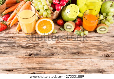 Fresh juice orange and carrot, Healthy drink on wood, breakfast concept, Nature fruits and vegetable