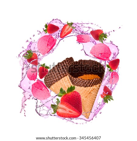 splash with ice cream, fruits, cone and juice splash isolated on white background