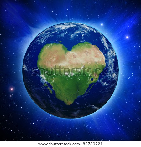 Planet Earth with heart shaped continents and clouds over a starry sky. Contains clipping path of planet.\\
\\
http://visibleearth.nasa.gov.\\
http://shadedrelief.com.