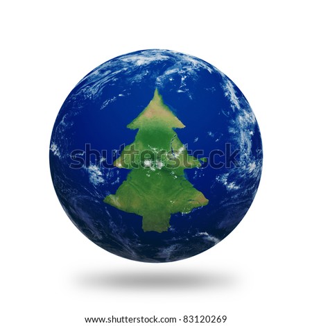 Planet Earth with Christmas tree shaped continents and clouds over a starry sky. Contains clipping path of planet.\
\
\
\
Clouds and land textures from http://shadedrelief.com.