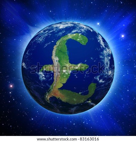 Planet Earth with British Pound sign shaped continents and clouds over a starry sky. Planet has clipping path.\
\
\
\
http://visibleearth.nasa.gov.\
\
http://shadedrelief.com.