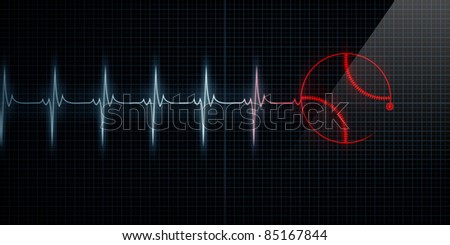 Red Horizontal Pulse Trace Heart Monitor with a baseball in line. Concept for sports medicine, baseball players, or die-hard baseball fans.