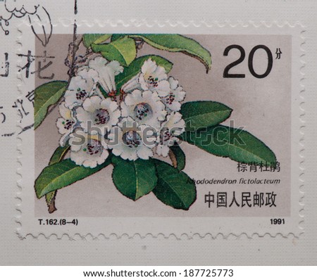 CHINA - CIRCA 1991:A stamp printed in China shows image of PR China 1991 Rhododendrons of China (T162),circa 1991