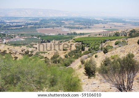 South shore of Lake Kinneret, the beginning of the Jordan River and the Jordan Valley.
