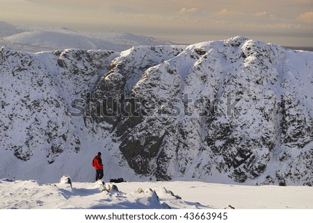 Walker admiring the view from the summit of The Old Man of Coniston in the English Lake District