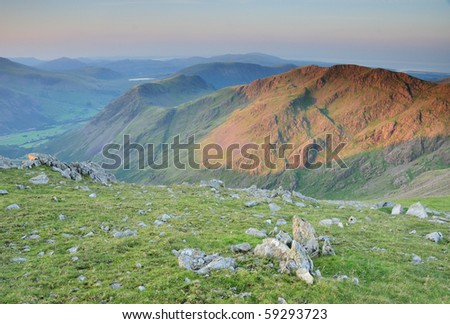 Dawn sunlight on Red Pike in the English Lake District