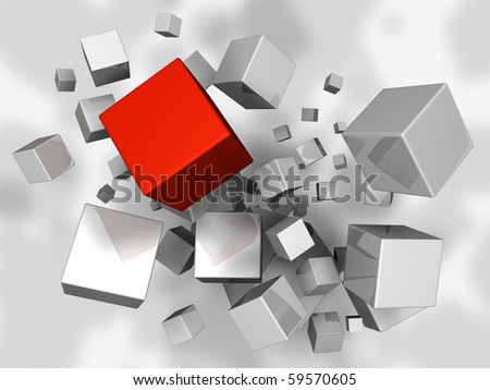 White cubes explosion, one red, 3d render
