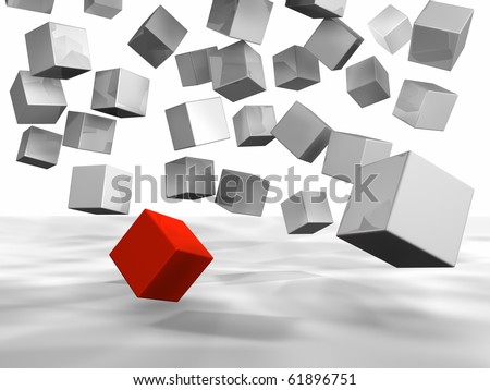 Few white cubes falling down, one of them is red