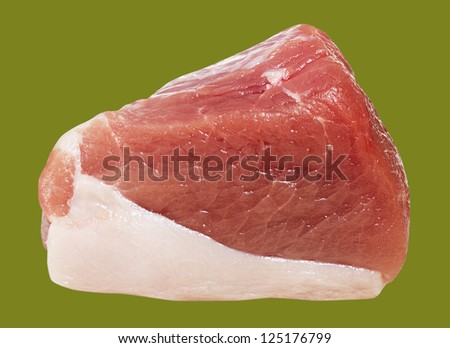 Piece of fat pork meat in full focus, isolated on green surface.