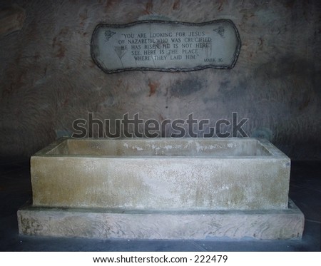 Jesus\' empty tomb. Text is Mark 16.