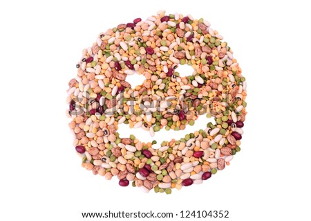 Mixture of dried lentils, peas, soybeans, legumes, beans isolated on white. Smile face made from mixture of legumes