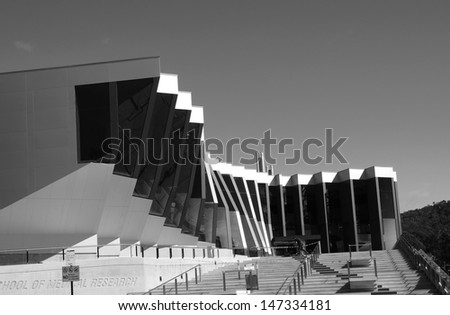 CANBERRA Ã¢Â?Â? August 18: Contemporary architecture building at Australian National University, ANU, Canberra. Australia. Black and White photo. August 18, 2012, Canberra, Australia.