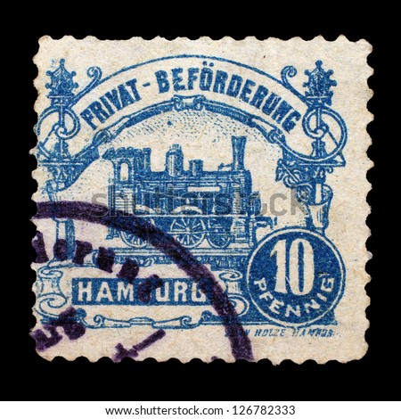 HAMBURG, GERMANY, CIRCA 1900 - Private post stamp printed in Hamburg with image of locomotive on Hamburg, Germany, circa 1900