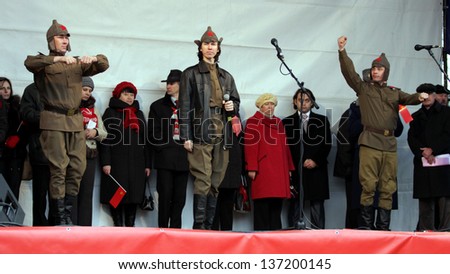 MOSCOW, RUSSIA, NOVEMBER 07 - The actors dance on the show in memory of anniversary of Russian October Socialist Revolution on November, 07, 2009 in Moscow, Russia