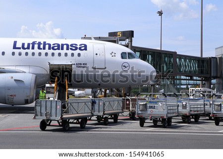 RIGA, LATVIA, CIRCA 2013 - The Lufthansa air company jet after landing circa 2013 in Riga, Latvia