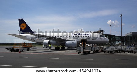 RIGA, LATVIA, CIRCA 2013 - The Lufthansa air company jet after landing circa 2013 in Riga, Latvia