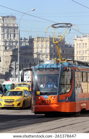 MOSCOW, RUSSIA, CIRCA 2015 - Tramway on the square in the city center circa 2015 in Moscow, Russia