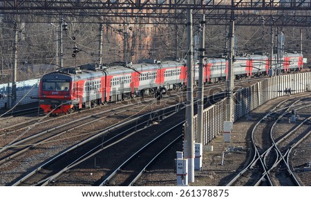 MOSCOW, RUSSIA, CIRCA 2015 - Commuter train on the reserve rails circa 2015 in Moscow, Russia