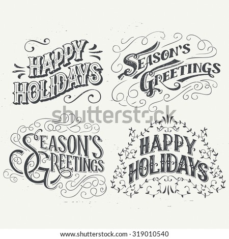 Happy Holidays. Hand drawn typography headlines set for greeting cards in vintage style