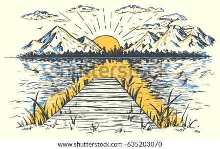 Rising sun on the lake, landscape with a bridge. Hand-drawn vintage illustration. Sketch in retro style