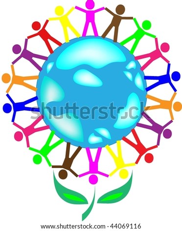 The globe in the form of a flower and people of a planet of different races