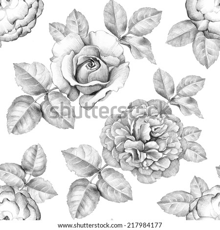 Seamless Pattern With Pencil Drawings Of Flowers Stock Photo 217984177