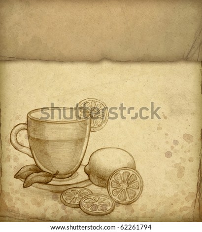 Pencil drawing of glass cup of tea with lemon