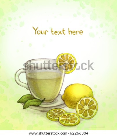 Pencil drawing of glass cup of tea with lemon