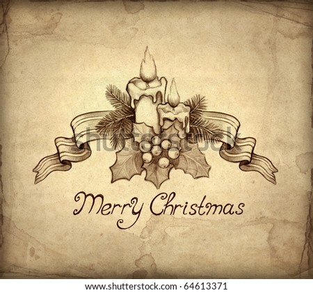 Christmas Wishes on Stock Photo   Old Christmas Greeting Card With Drawing Of Candle And