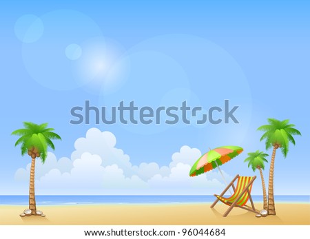 Summer beach with palms and chaise lounge Vector background Summer beach with palms and chaise lounge Vector background