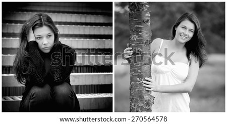Emotion concept, two black and white portraits of the same model, left photo: sad and depressed, right photo: positive and happy