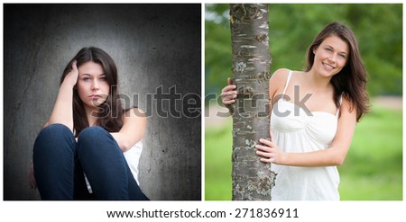 Emotion concept, two portraits of the same model, left photo: sad and depressed, right photo: positive and happy