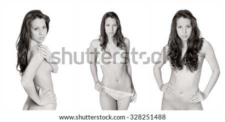 Three monochrome photos of an attractive lingerie and nude model, her private parts are not visible