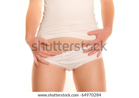 stock photo Sexy young woman with white cotton panties and white shirt