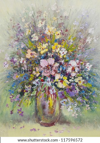 summer wild meadow  fantastic flowers  bouquet in ceramic  vase still life oil art handmade painting