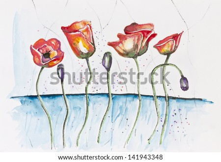Happy cheerful red poppies on a blue meadow- handmade watercolor painting illustration on a white paper art background
