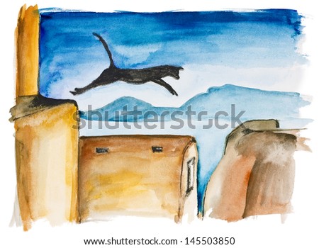 Free black flying cat jumping across rooftops at night isolated concept. Handmade watercolor  painting illustration on a white paper art background