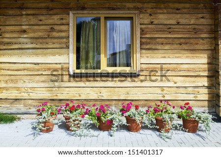 Flowers grow near a rustic wooden houses window. Sunny summer day