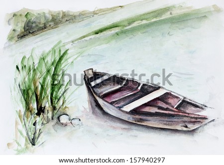 Small boat near the meadow summer coast landscape - handmade watercolor painting illustration  art background
