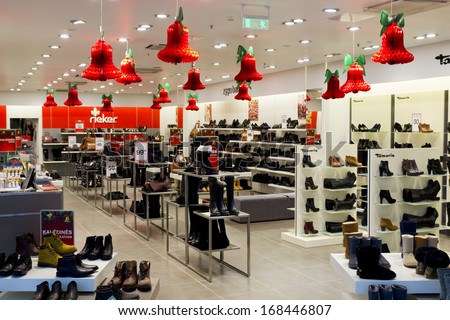VILNIUS, LITHUANIA - DECEMBER 21: Xmas Reiker Tamaris shoe shop  in the Panorama shopping place in Vilnius on December 21, 2013. Panorama is the largest shopping place in the capital of Lithuania.