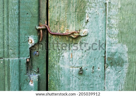 The green vintage door is closed on  rusty  iron retro  hook