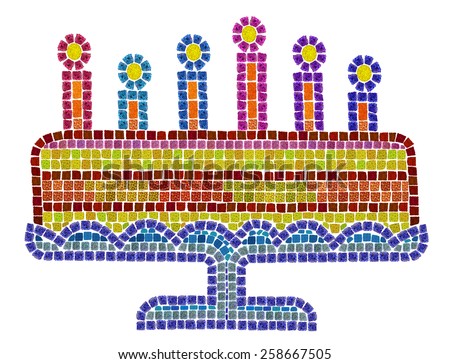 Big biscuit pie cake on sixth anniversary birthday concept. Isolated  abstract handmade mosaic collage from flowers